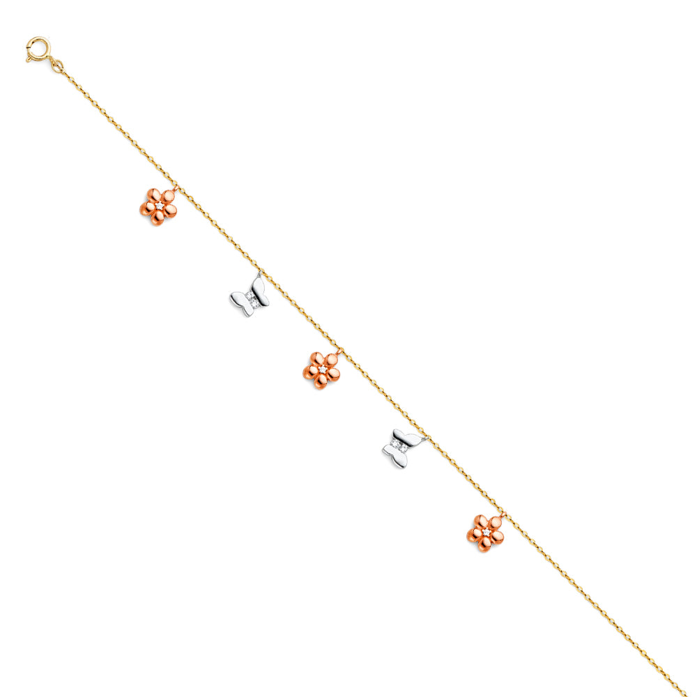 14K Yellow White Rose Gold Hanging Charm Bracelet