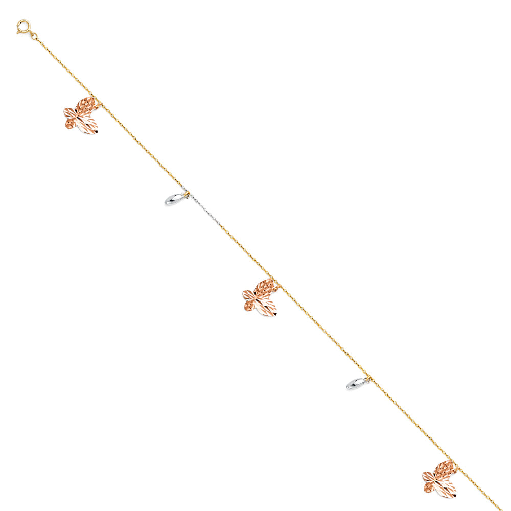 14K Yellow White Rose Gold Hanging Charm Anklet
