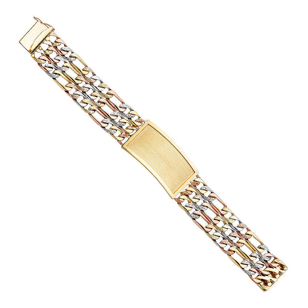 14K Yellow White Rose Gold 3 Rows Nugget Figaro Link Frame-ID Brace
