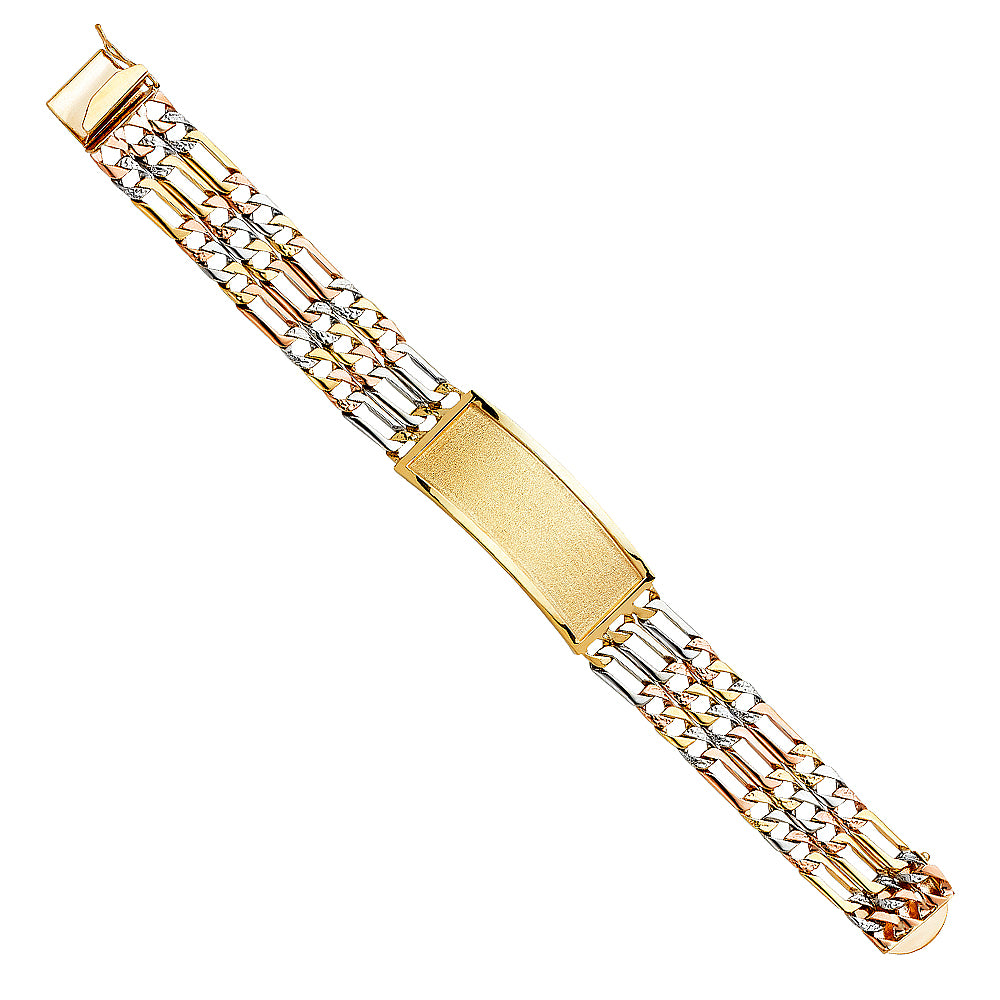 14K Yellow White Rose Gold 3 Rows Nugget Figaro Link Frame-ID Brace