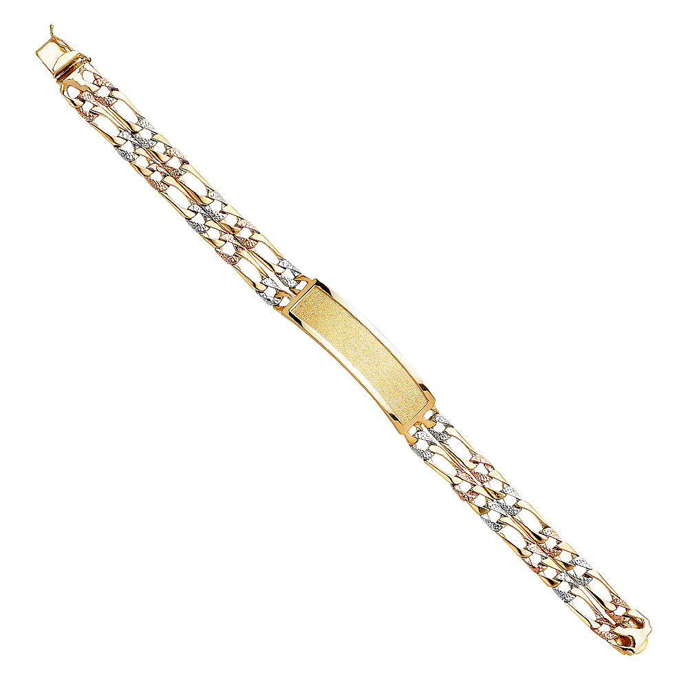 14K Yellow White Rose Gold 2 Rows Nugget Figaro Lit Link Frame-ID Brace