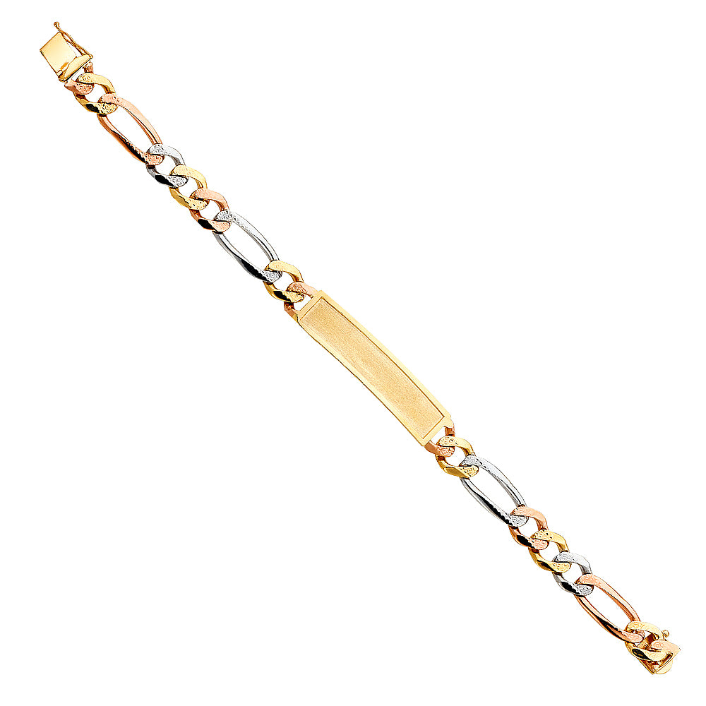 14K Yellow White Rose Gold Diamond Cut Figaro Frame-ID Bracelet