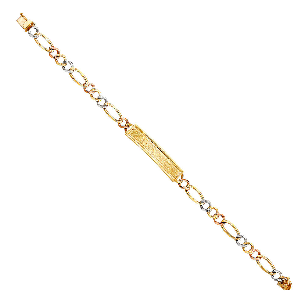 14K Yellow White Rose Gold Diamond Cut Figaro Frame-ID Bracelet