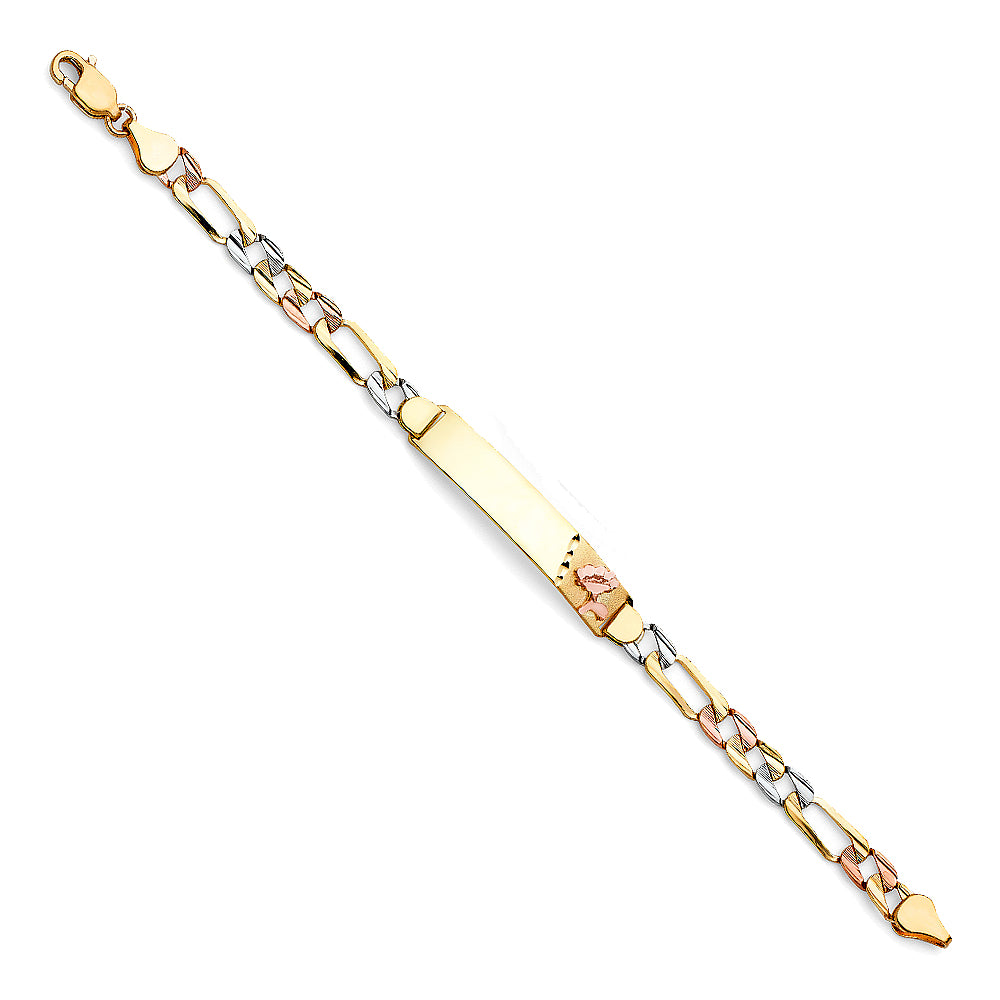 14K Yellow White Rose Gold Diamond Cut Figaro Link Flower ID Brace
