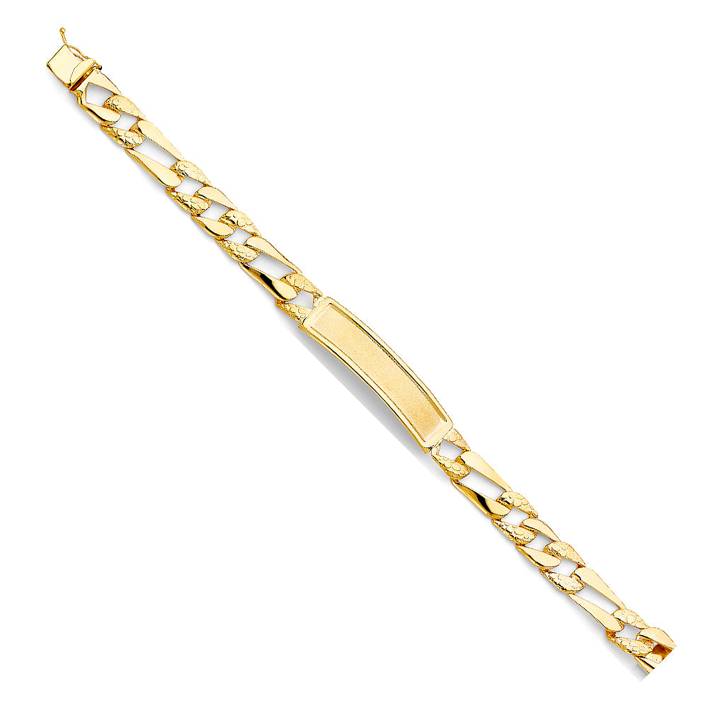 14K Yellow Gold Stamp Nugget Figaro Link Frame-ID Brace