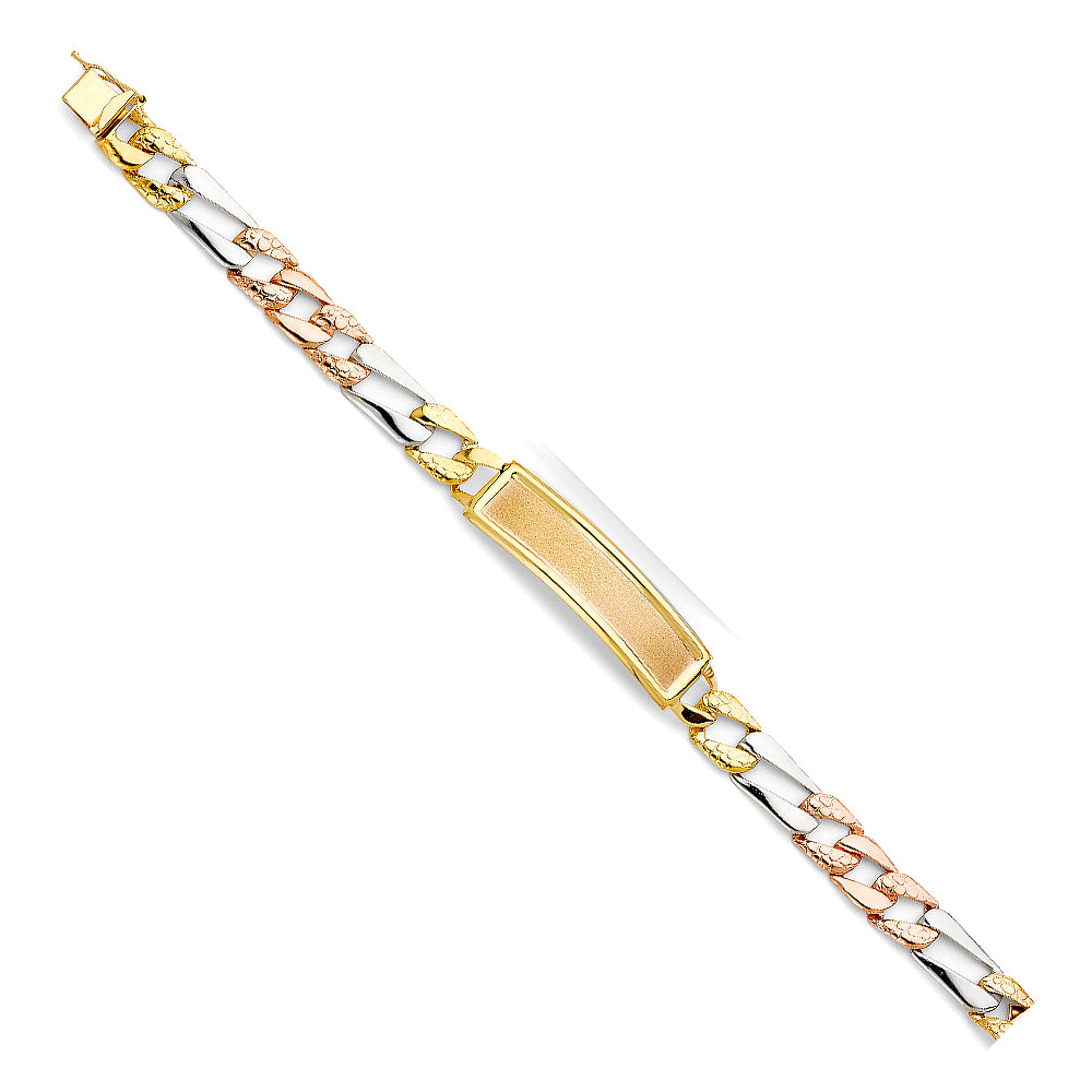 14K Yellow White Rose Gold Stamp Figaro Link Frame-ID Brace