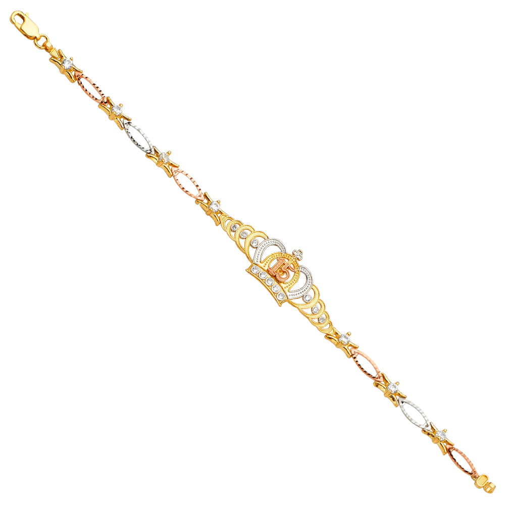 14K Yellow White Rose Gold 15 Years Crown CZ Bracelet