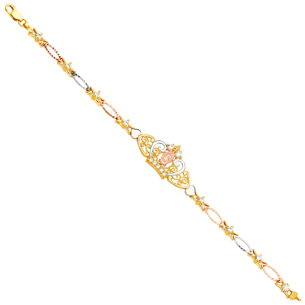 14K Yellow White Rose Gold Guadalupe Crown CZ Bracelet