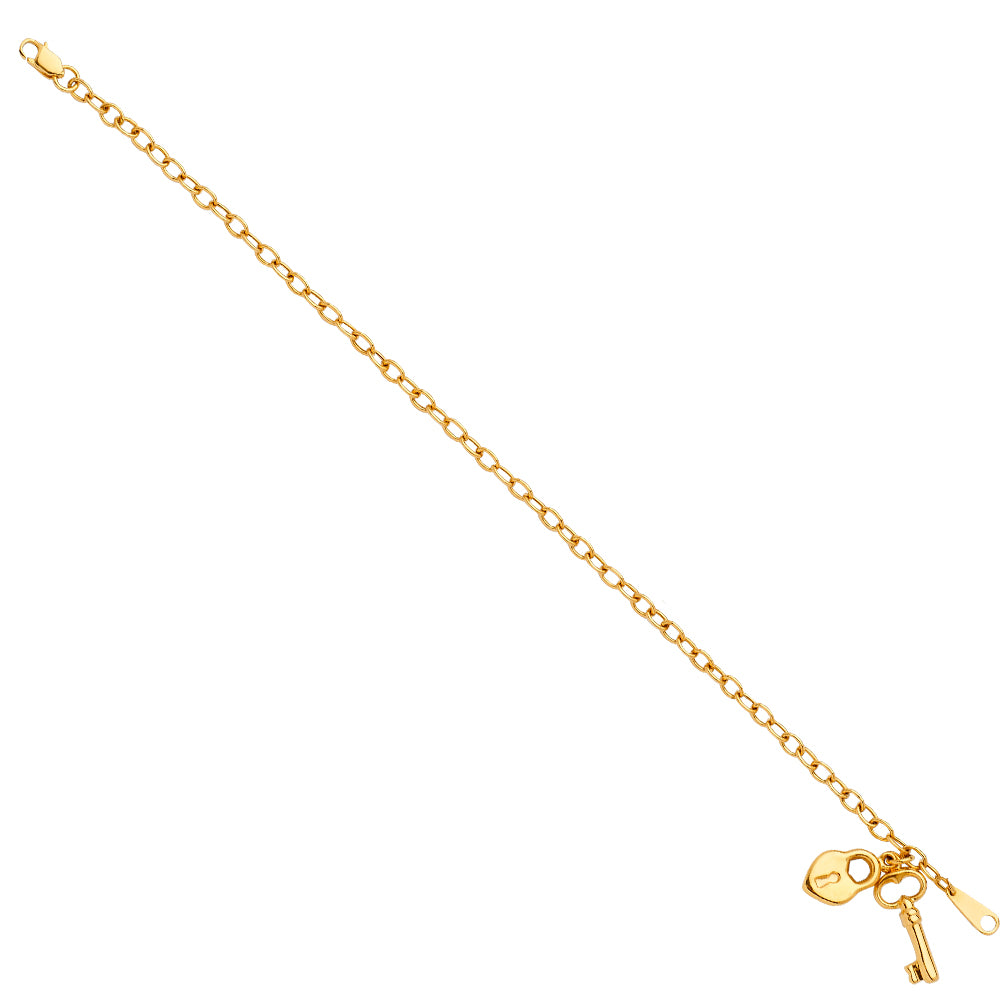 14K Yellow Gold Heart & Key Pendant Hollow Bracelet