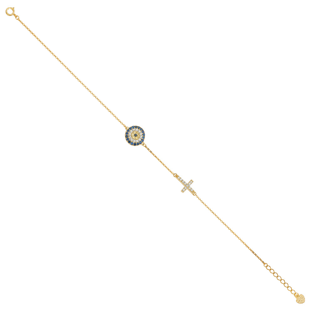14K Yellow Gold CZ Evil Eye Chain Bracelet