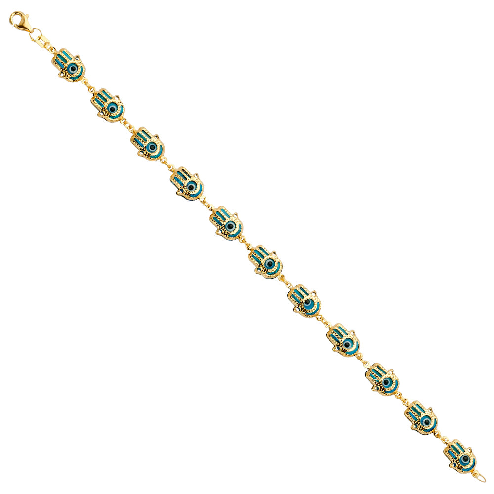 14K Yellow Gold Hamsa Blue Evil Eye Bracelet