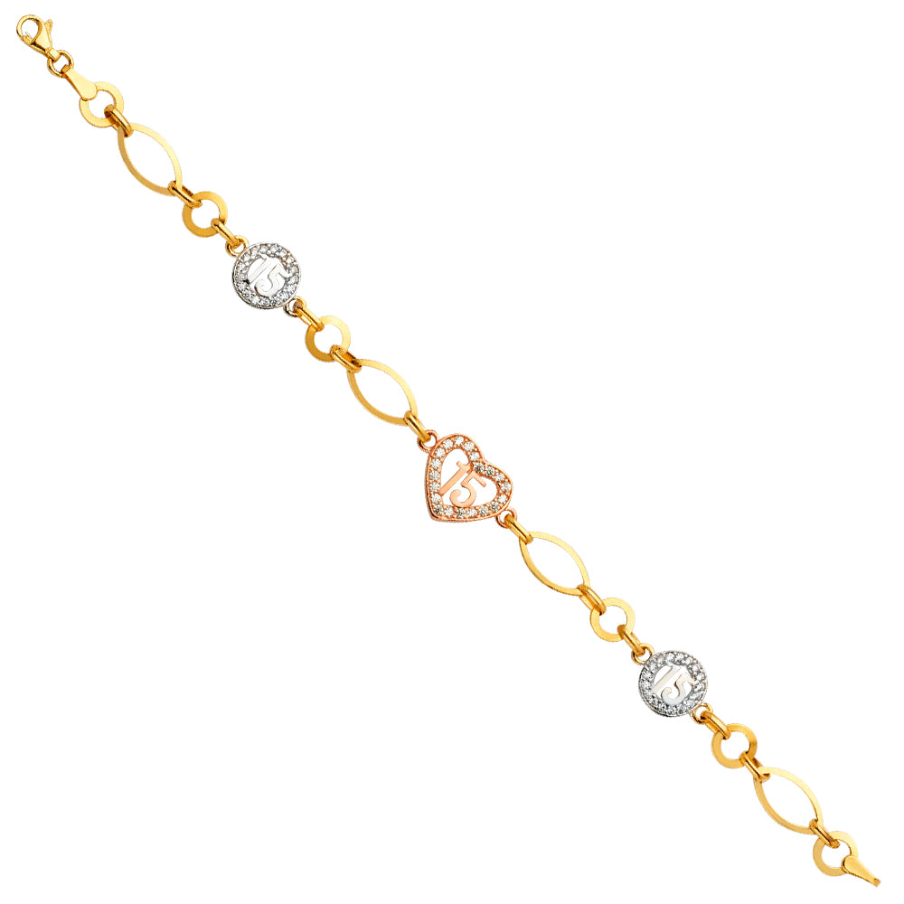 14K Yellow White Rose Goldolor 15 Years CZ Bracelet