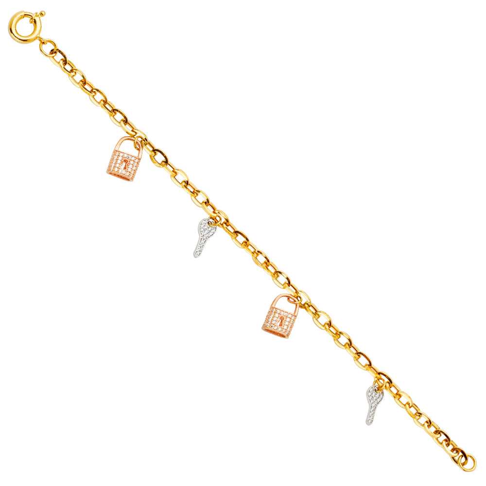 14K Yellow White Rose Goldolor Key & Lock CZ Bracelet