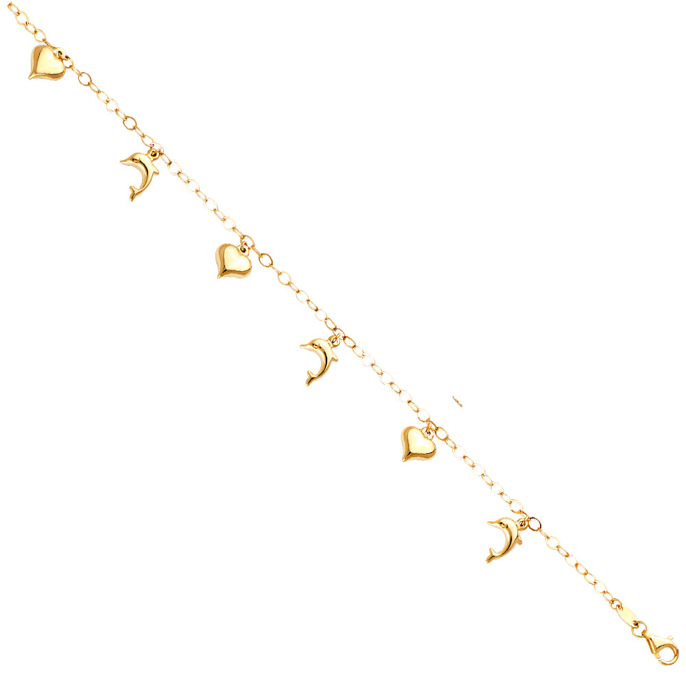 14K Yellow Gold Hanging Dolphin + Heart Anklet