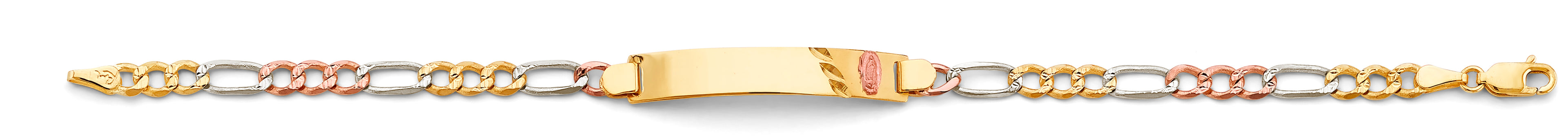14K Yellow White Rose Gold Figaro Guadalupe ID Bracelet