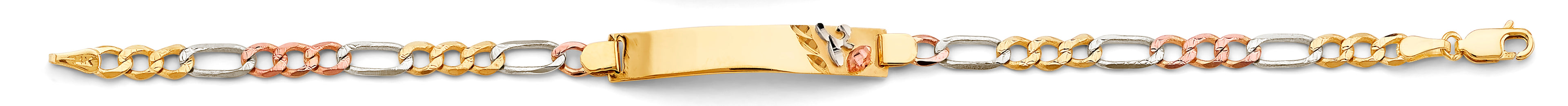 14K Yellow White Rose Gold Figaro Flower ID Bracelet