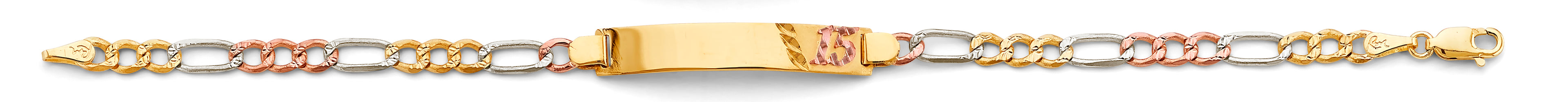 14K Yellow White Rose Gold Figaro 15 Years ID Bracelet