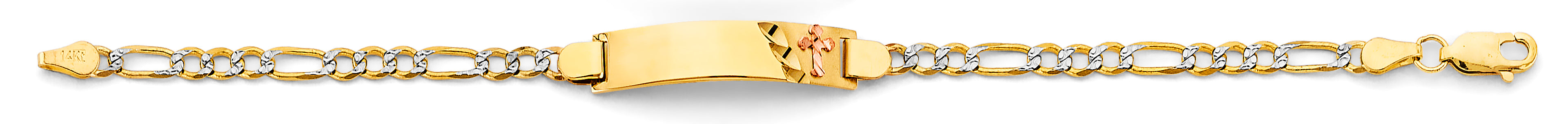 14K Two Tone Gold Figaro WP Cross ID Bracelet