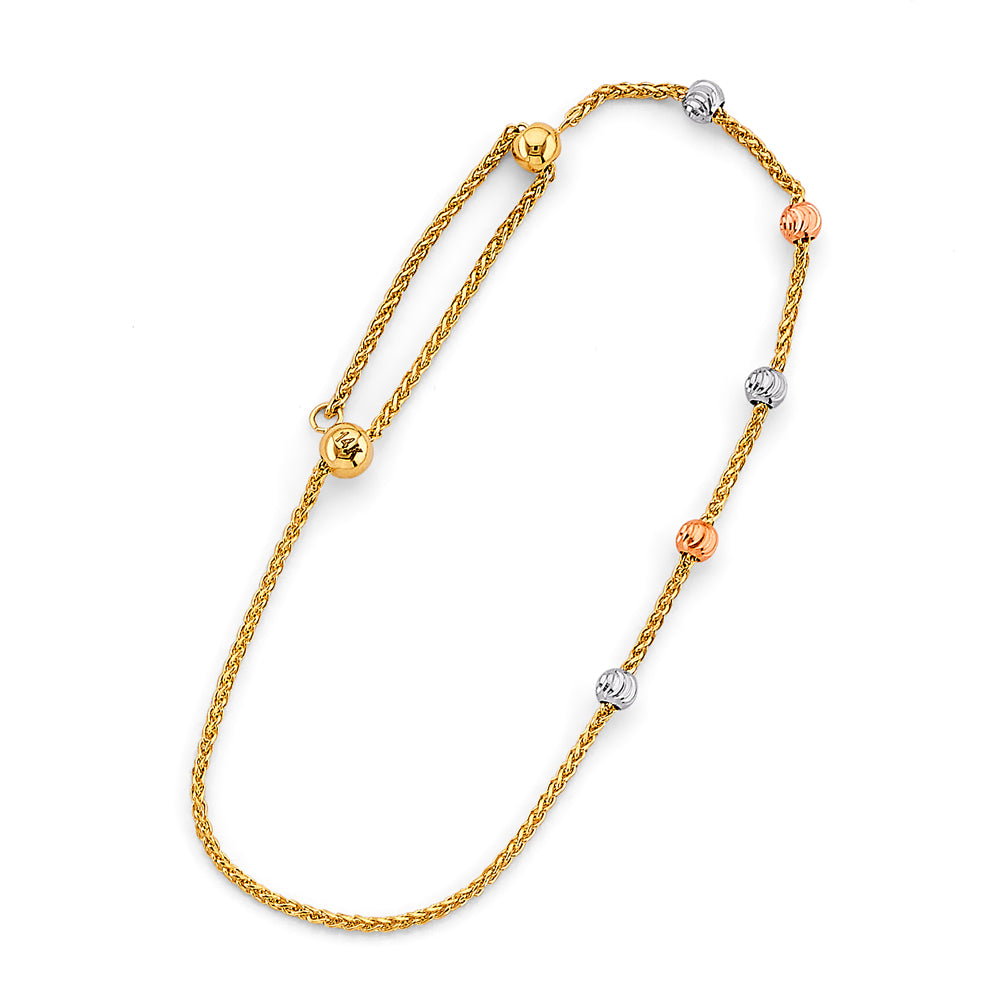 14K Yellow White Rose Gold Adjustable Ball Bracelet