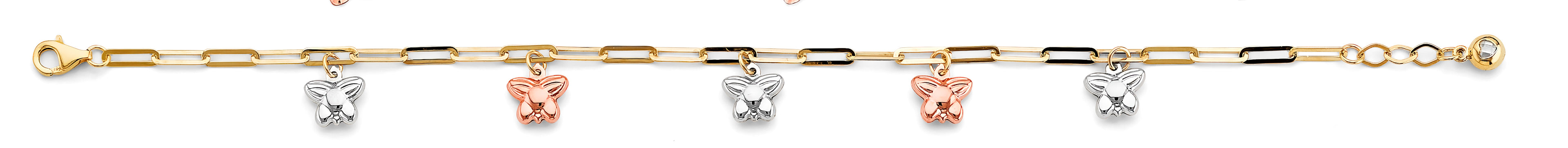 14K Yellow White Rose Gold Butterfly Charm Link Bracelet