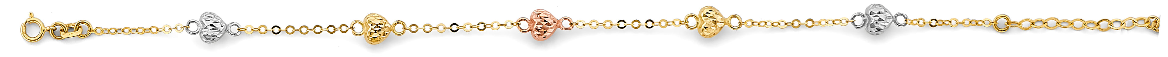 14K Yellow White Rose Gold Diamond Cut Heart Bracelet