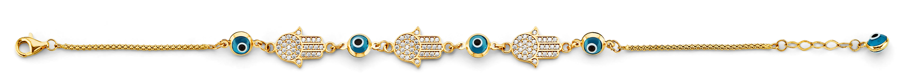 14K Yellow Gold CZ Evil Eye & Hamsa Center Br