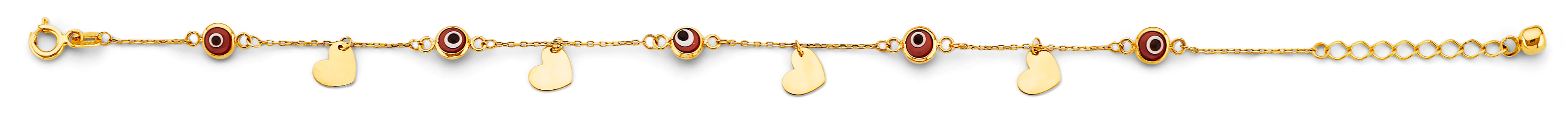 14K Yellow Gold Red Evil Eye & Heart Charms Bracelet