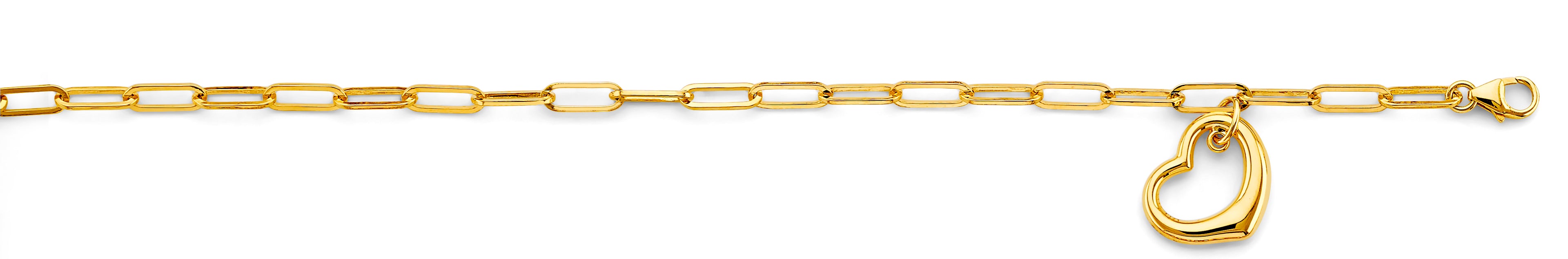 14K Yellow Gold Dangling Heart Paperclip Bracelet