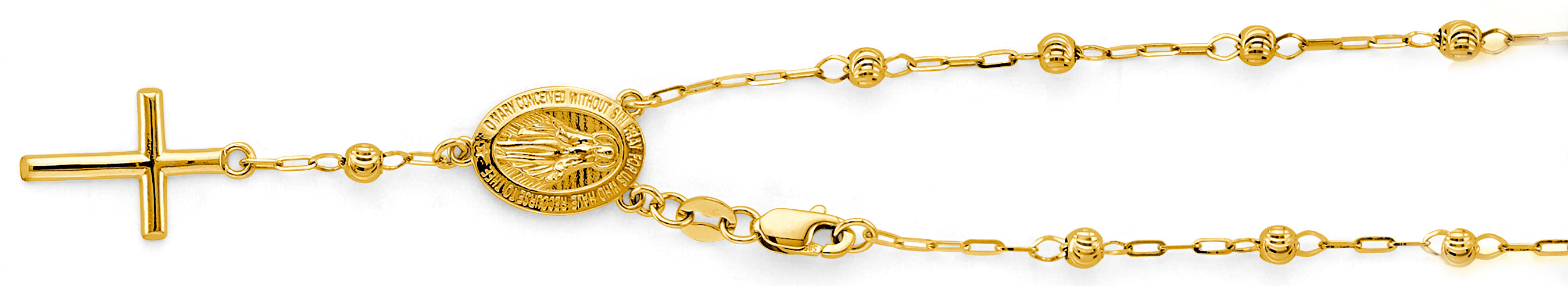 14K Yellow Gold 3 mm M-Cut Ball Rosary Bracelet W/V-Mary