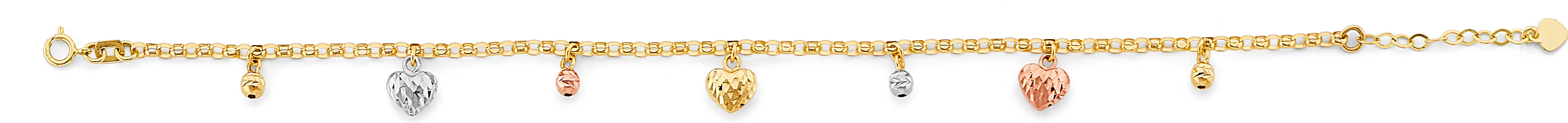 14K Yellow White Rose Gold Heart & Ball Charm Bracelet