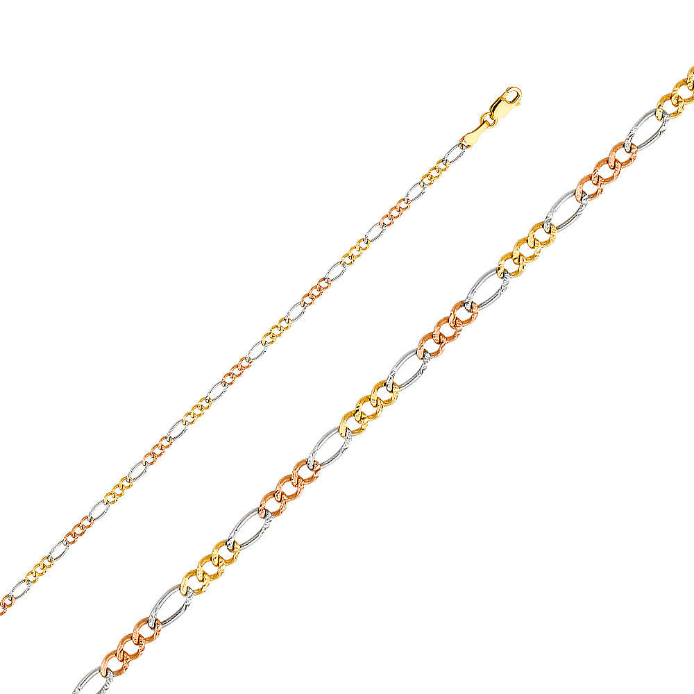 14K Yellow White Rose Gold Figaro 3+1 60 Concave