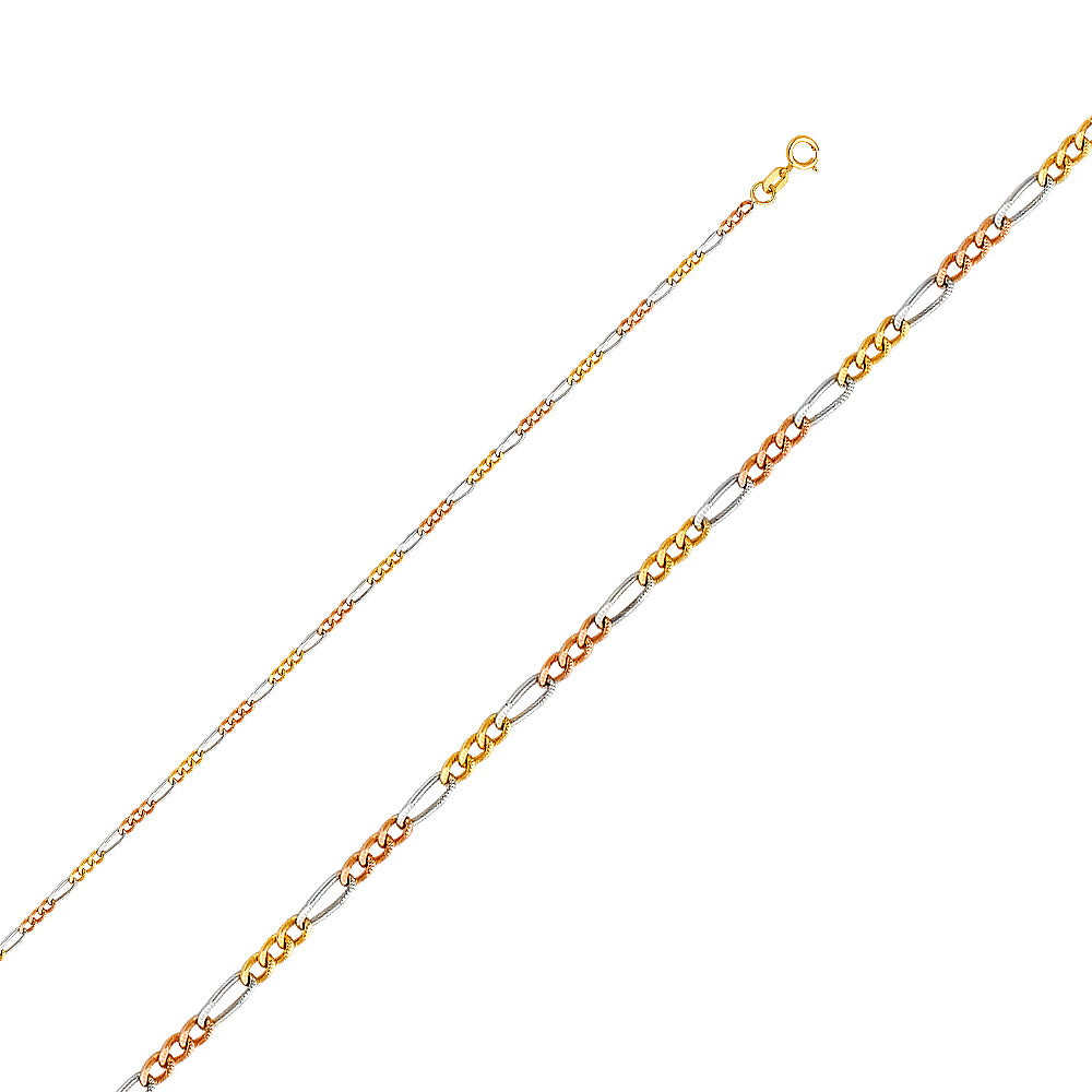 14K Yellow White Rose Gold Figaro 3+1 50 Concave