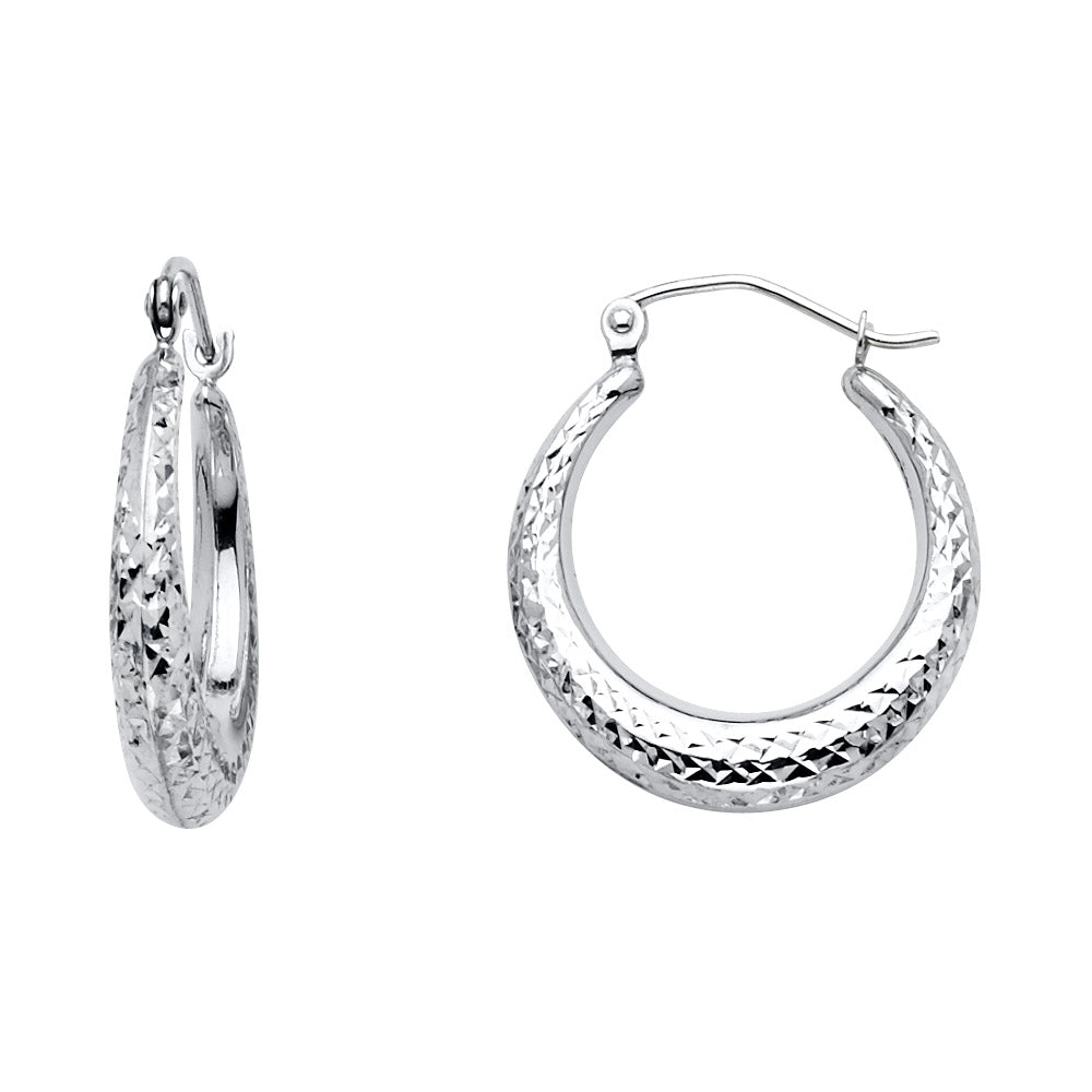 14K White Gold Diamond Cut Moon Shape Hoop Earrings (20 mm)