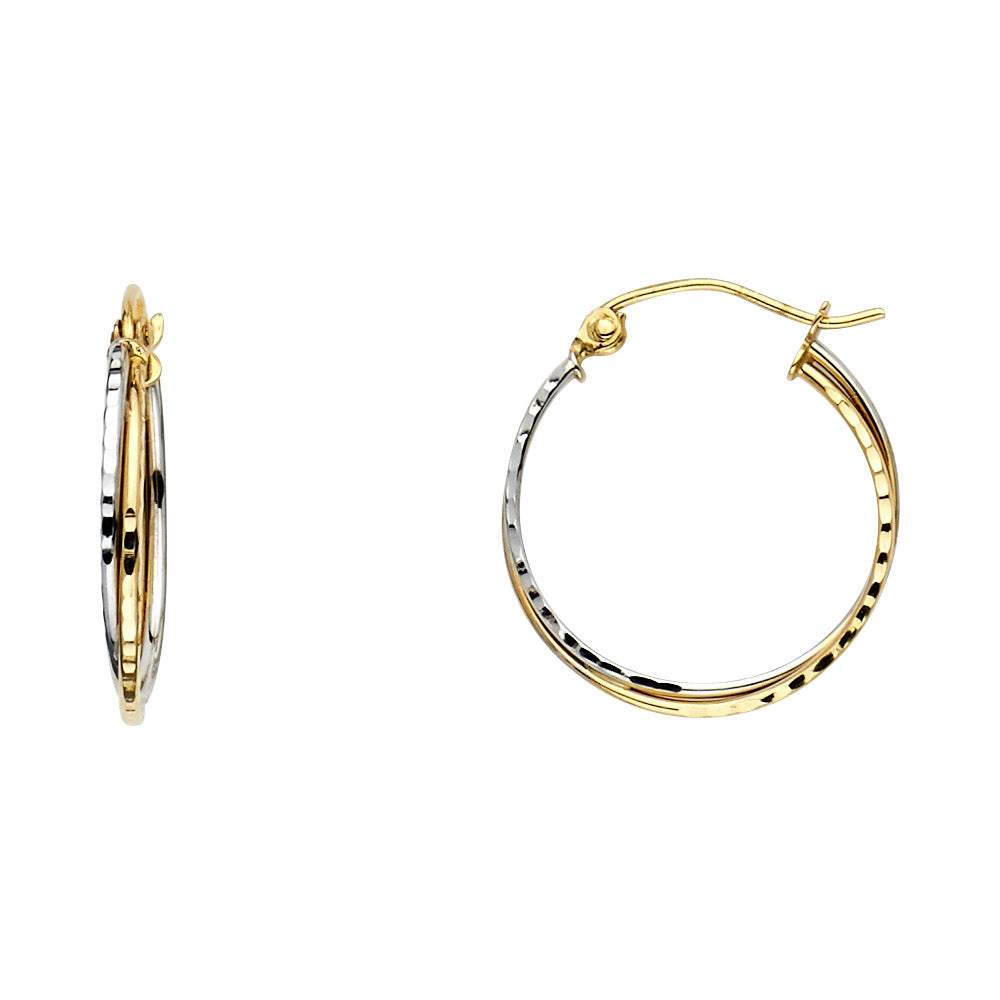 14K Two Tone Gold Diamond Cut Two Rows Hollow Hoop Earrings (18 mm)
