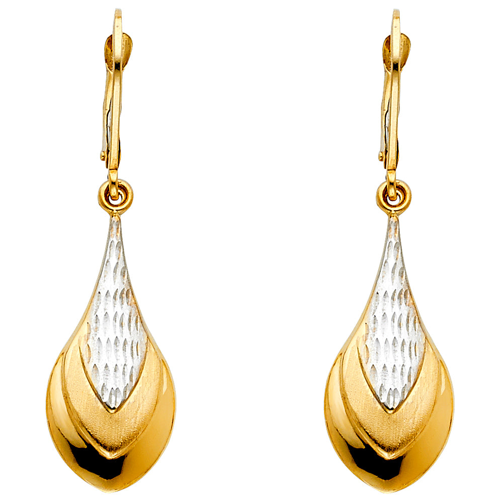 14K Two Tone Gold Tear Drop Hollow Earrings W/Lever Back