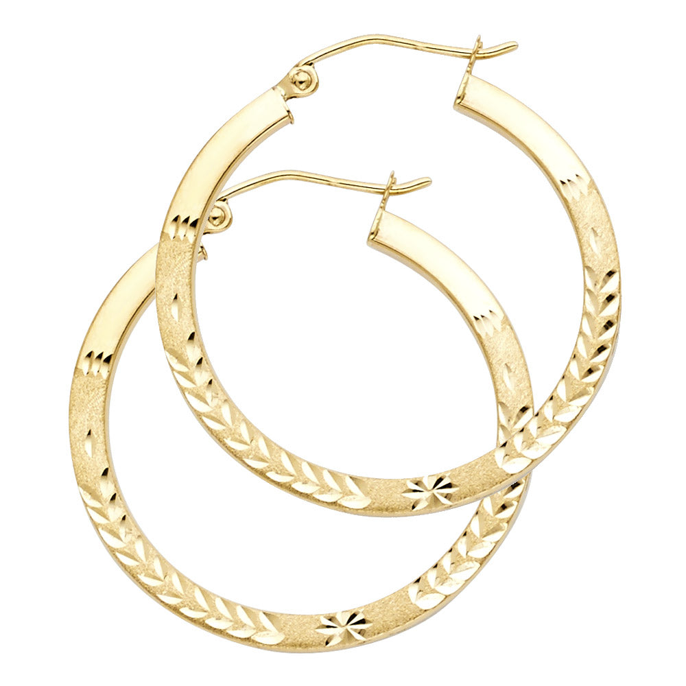 14K Yellow Gold Bud Diamond Cut Square Tube Hoop Earrings