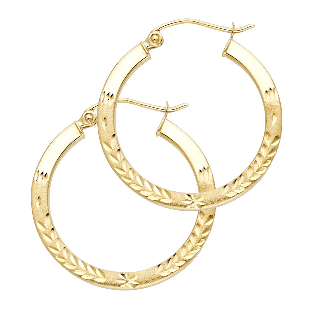 14K Yellow Gold Bud Diamond Cut Square Tube Hoop Earrings