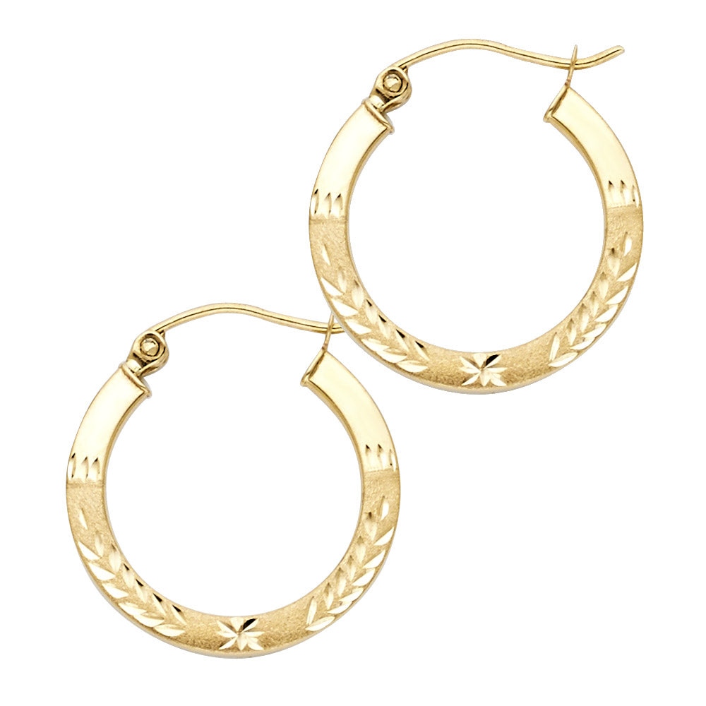 14K Yellow Gold Bud Diamond Cut Square Tube Hoop Earrings