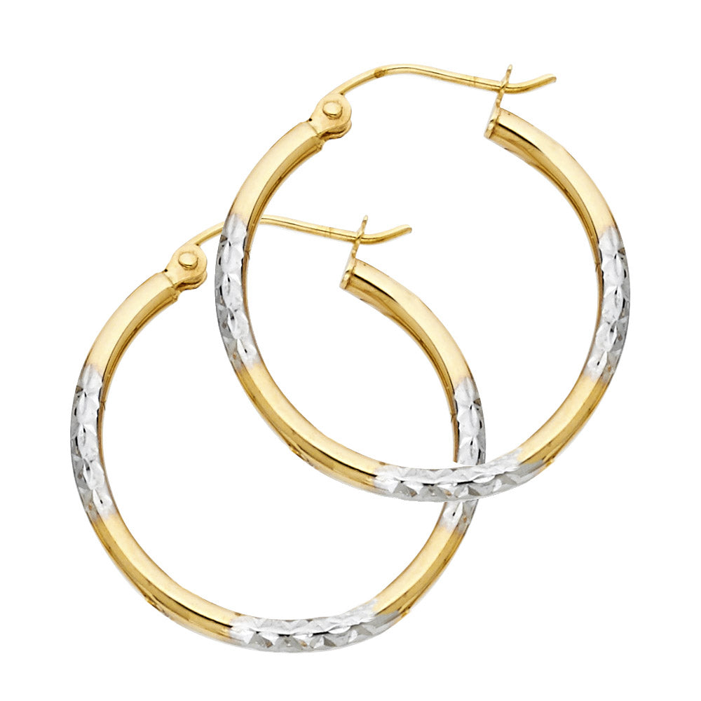 14K Two Tone Gold Diamond Cut Round Tube Hoop Earrings (20 mm)
