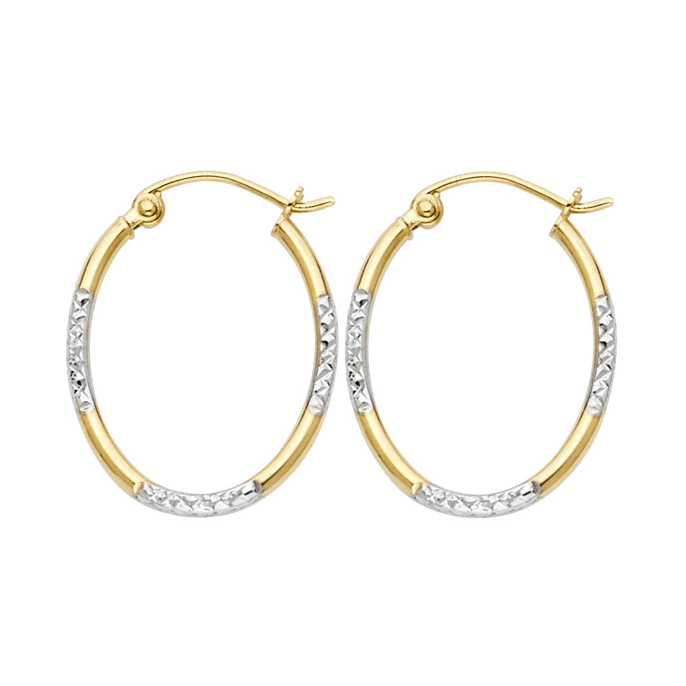 14K Two Tone Gold Diamond Cut Round Tube Oval Hoop (16X20 mm)