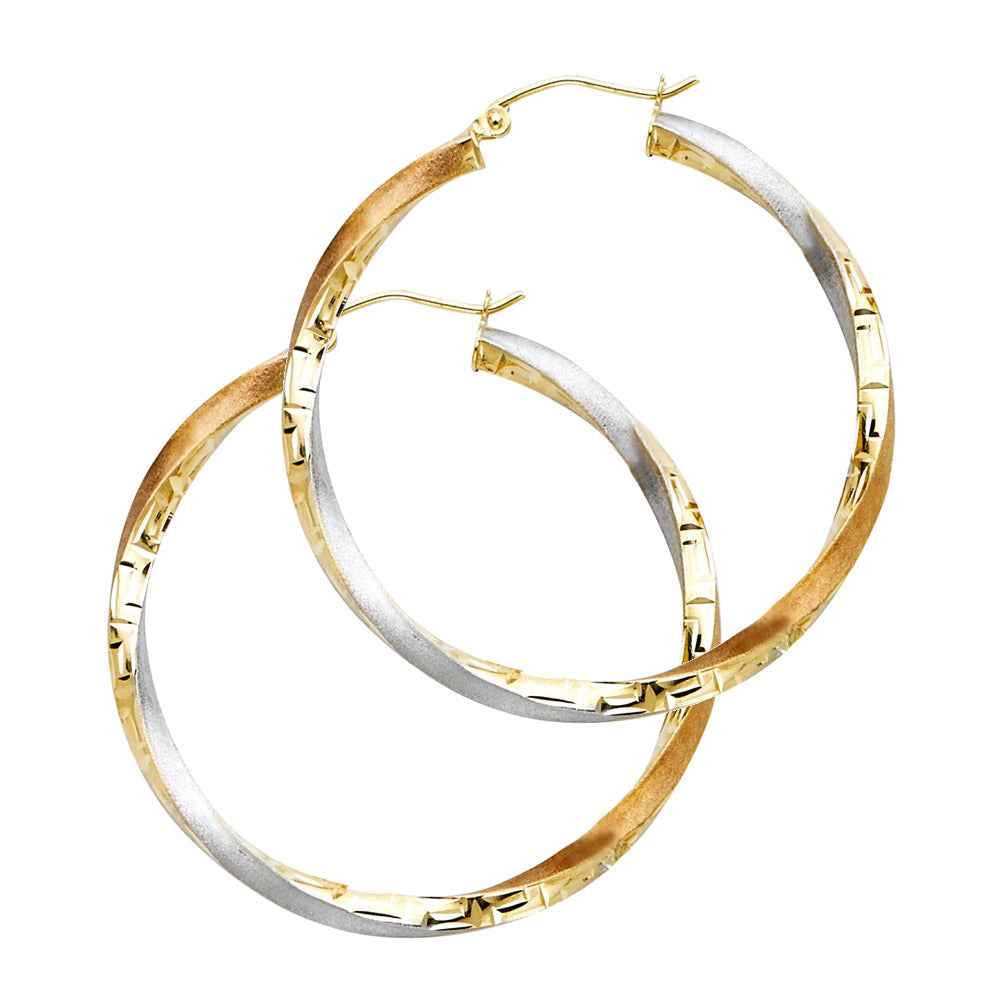 14K Yellow White Rose Gold Swirl Fancy Hoop Earrings
