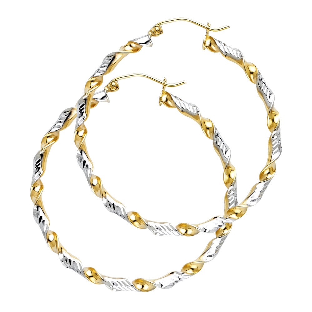 14K Two Tone Gold Diamond Cut Swirl Hoop Earring (40 mm)