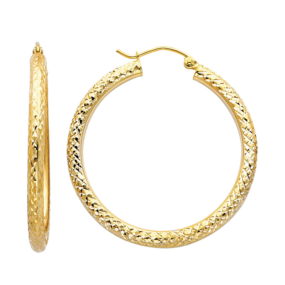 14K Yellow Gold Diamond Cut 3.0 mm Round Hoop Earrings