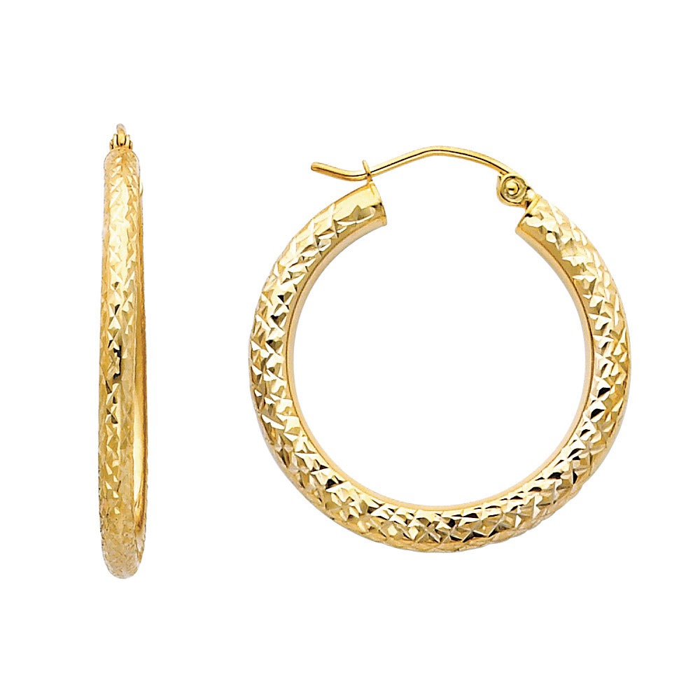 14K Yellow Gold Diamond Cut 3.0 mm Round Hoop Earrings