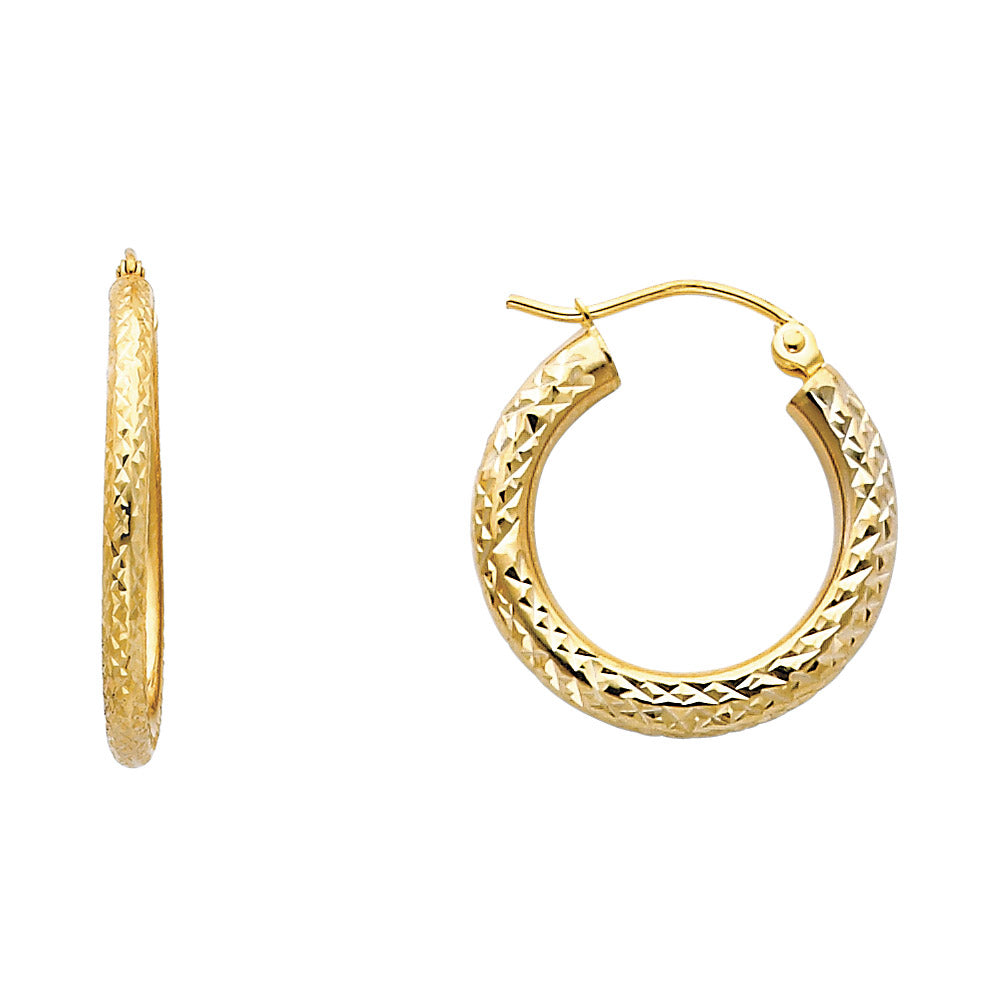 14K Yellow Gold Diamond Cut 3.0 mm Round Hoop Earrings