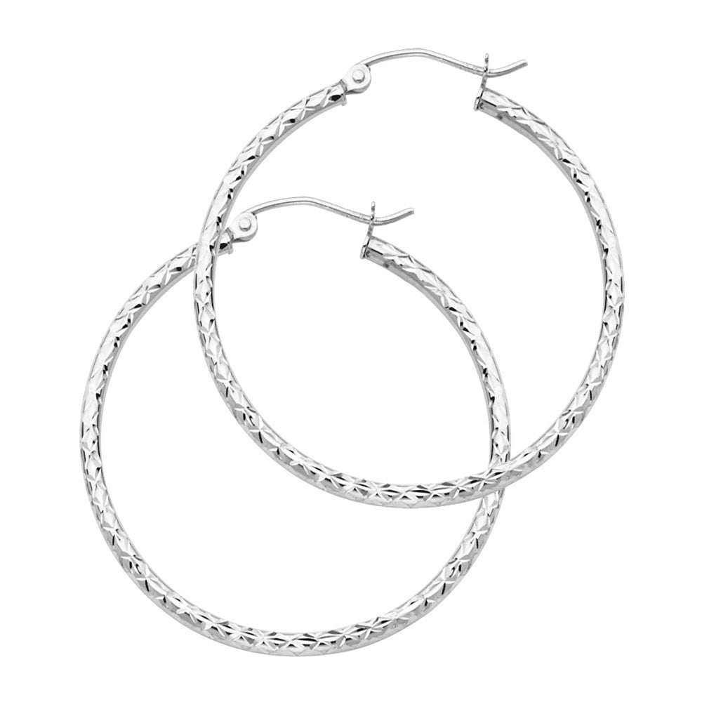 14K White Gold Silk Diamond Cut 1.5 mm Round Tube Hoops