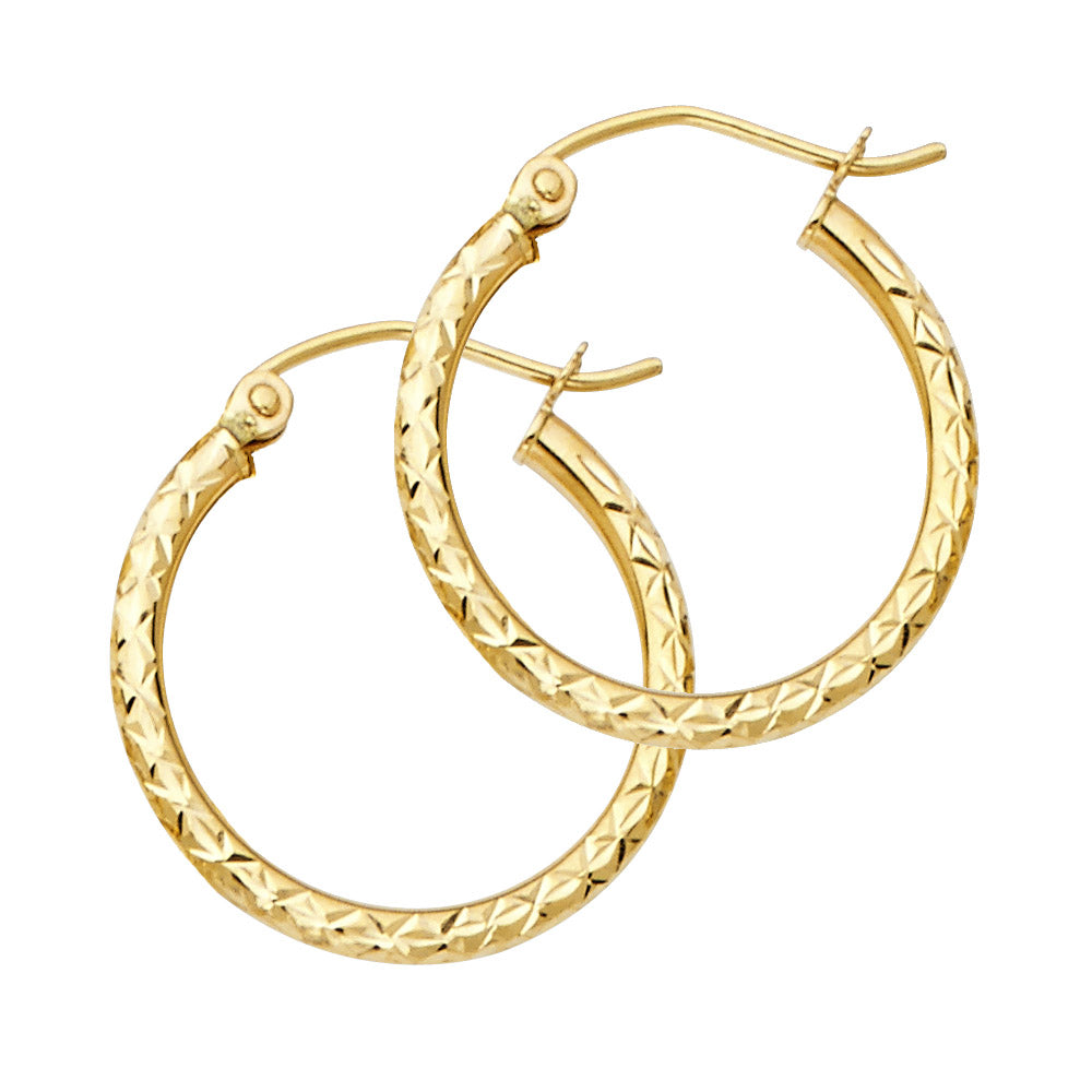 14K Yellow Gold Silk Diamond Cut 1.5 mm Round Tube Hoops