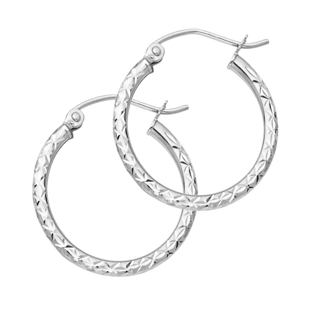14K White Gold Silk Diamond Cut 1.5 mm Round Tube Hoops
