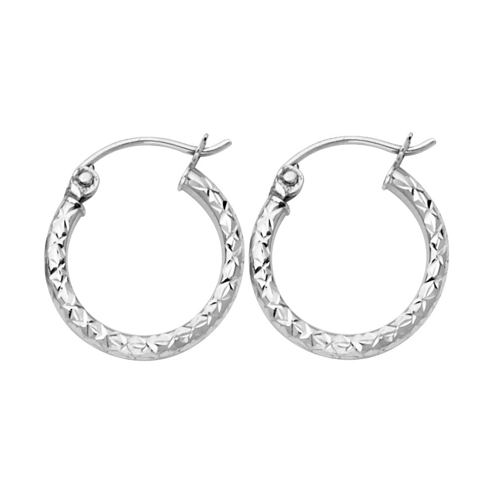 14K White Gold Silk Diamond Cut 1.5 mm Round Tube Hoops