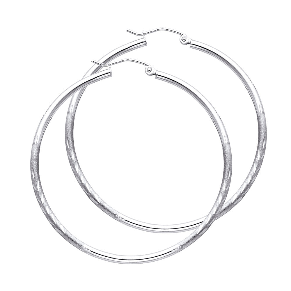 14K White Gold 2 mm Bud Diamond Cut Round Tube Hoop